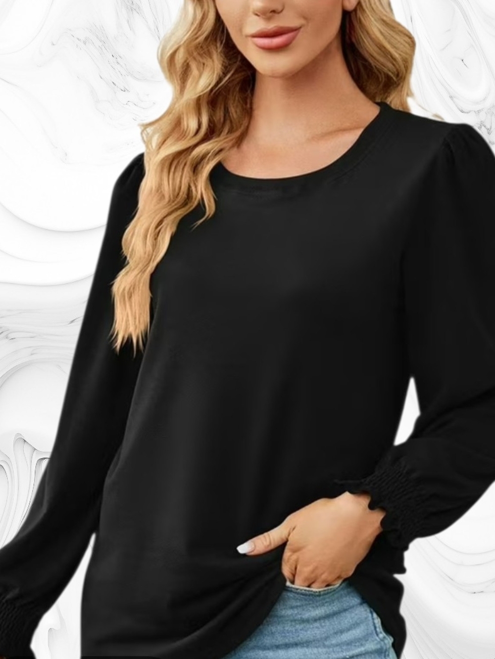 I.N. Studio Black Long Sleeve Smocked Cuff Tee
